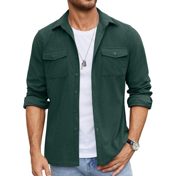 Men's Beige Button Down Waffle Shirt Jacket Casual Long Sleeve Shacket